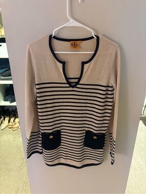 Tory Burch Cream sweater with Navy trim and pockets